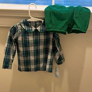 Little English Blue Plaid Shirt and Green Shorts Set